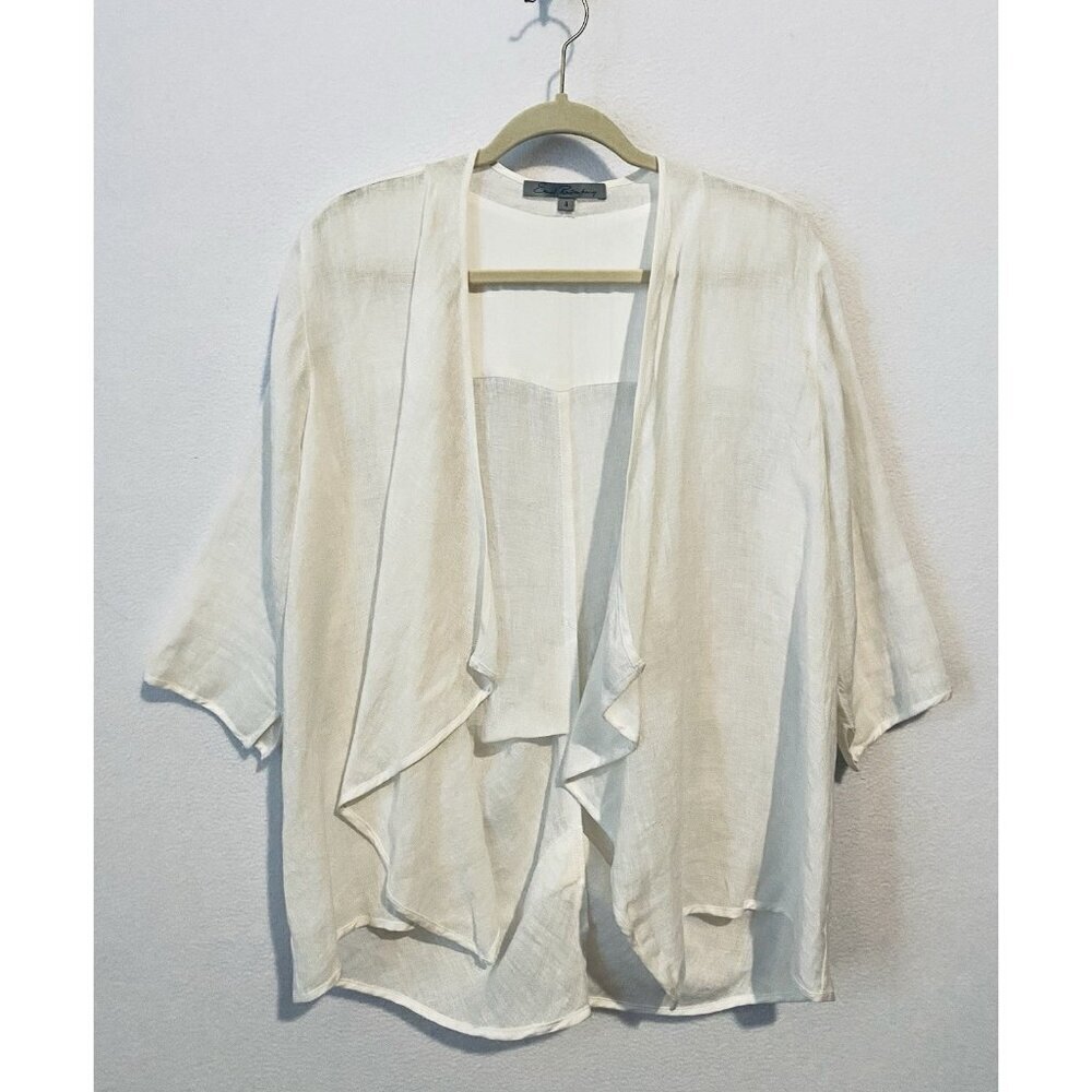 Emil Rutenberg Cardigan Womens Medium White Linen Drapey Open Front Lagenlook